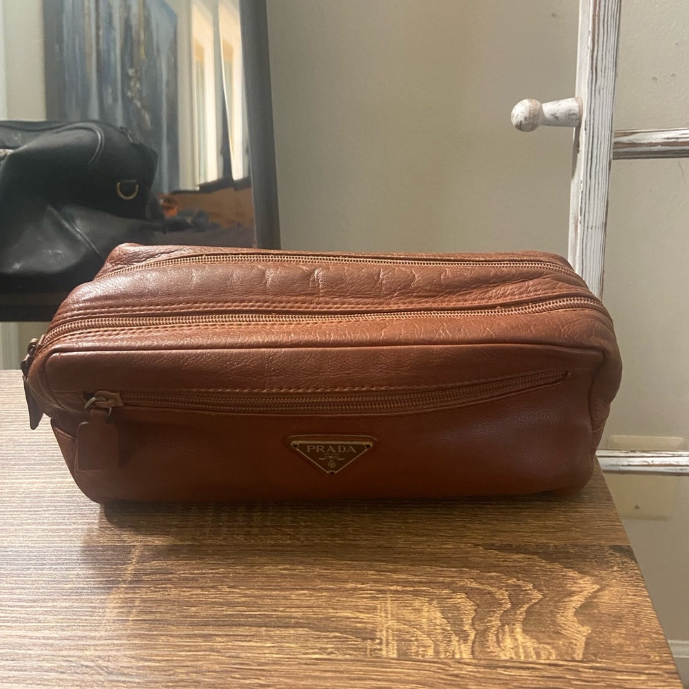 Authentic Prada large brown leather nylon lined vanity travel clutch pouch, read